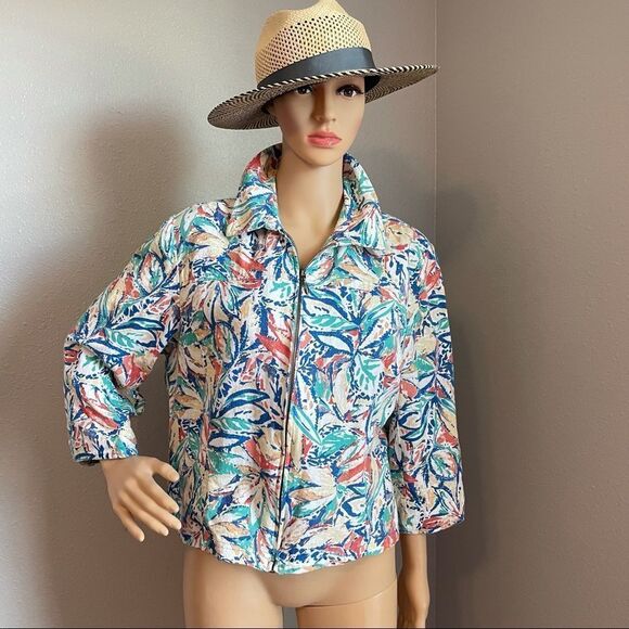 Coldwater Creek 3/4 Sleeve Colorful Watercolor Design Floral Zipper Jacket Large - Picture 6 of 13